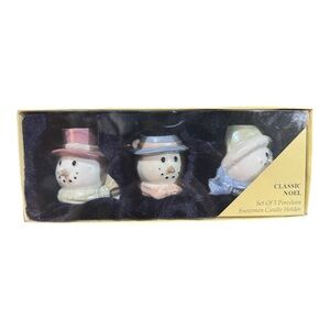 NEW SET OF 3 - Christmas Candle Holders Classic Noel Porcelain Snowmen Holiday